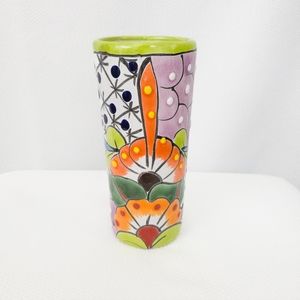 Talavera Mexican Green Rim Redware Pottery Vase